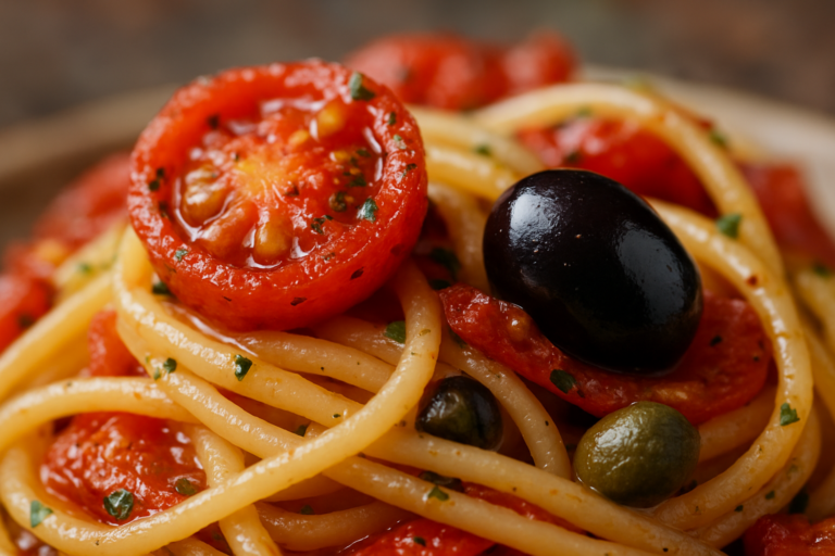 Pasta con pomodori marinati, olive taggiasche e capperi, guarnita con basilico fresco, primo piatto estivo senza cottura del sugo