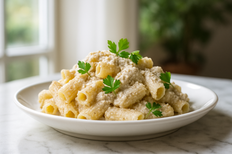 Pasta con salsa di noci e ricotta cremosa, pronta da servire con noci fresche
