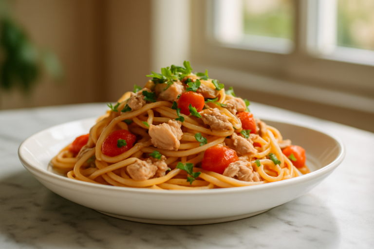 piatto di pasta dei pescatori di Fano con tonno in scatola con acciughe e capperi, pronto in pochissimo tempo