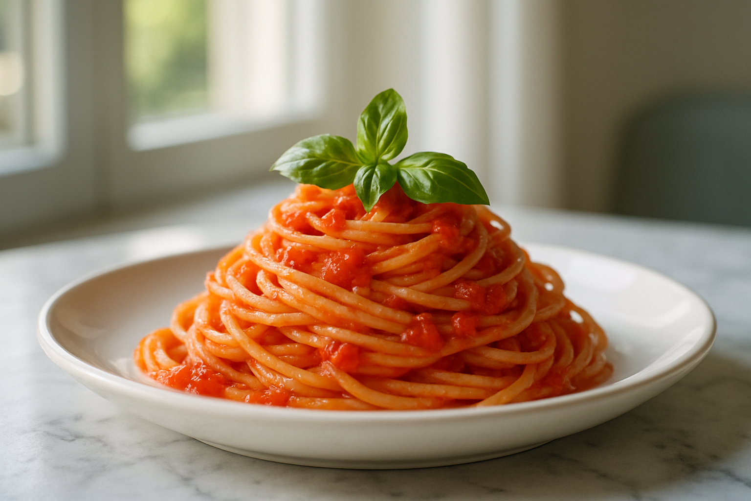 piatto di pasta fredda con pomodorini frullati a crudo e basilico fresco, presentazione elegante da chef