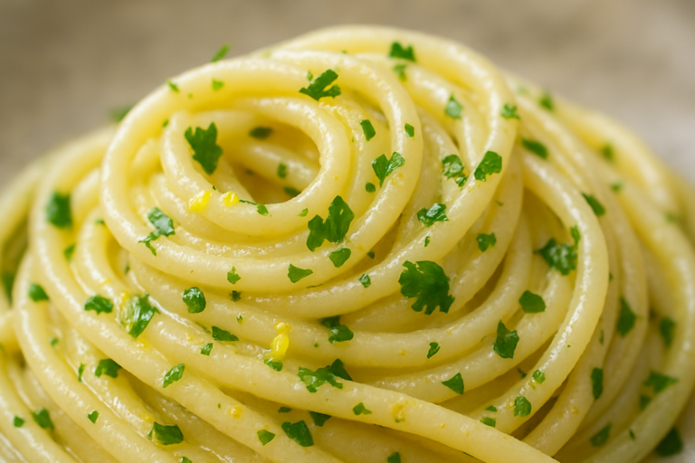 piatto di pasta limone e prezzemolo con scorza di limone e prezzemolo fresco tritato sopra