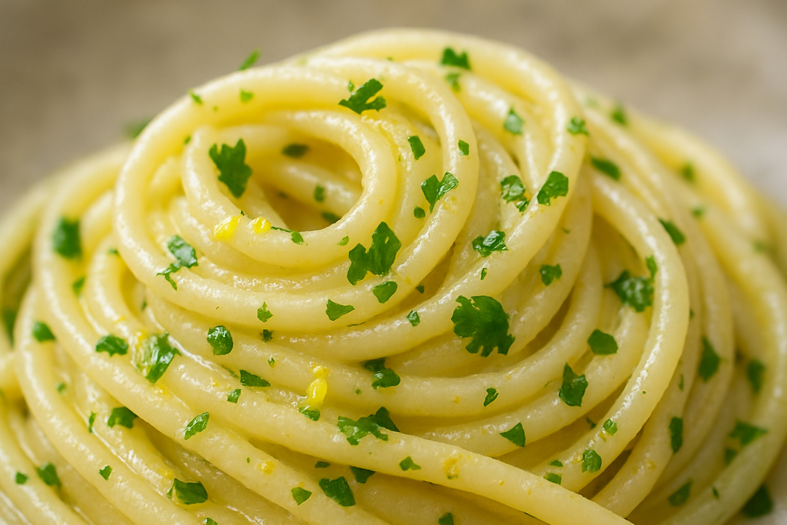 piatto di pasta limone e prezzemolo con scorza di limone e prezzemolo fresco tritato sopra