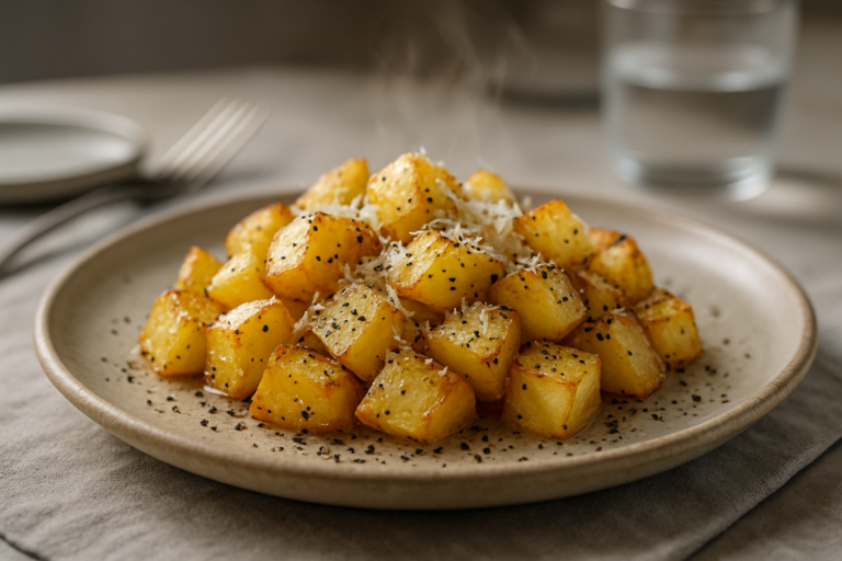 Patate cacio e pepe cremose e dorate su un piatto bianco con pepe nero macinato fresco sopra
