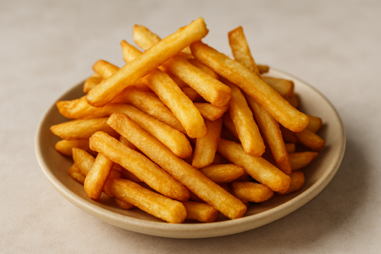 Patate fritte croccanti e dorate preparate con tecnica a temperatura bassa e acqua fredda per eliminare l’amido