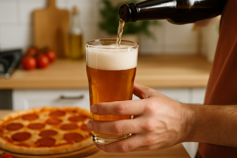 Bicchiere di birra colmo di schiuma fresca con una bottiglia di birra aperta accanto, in un ambiente italiano