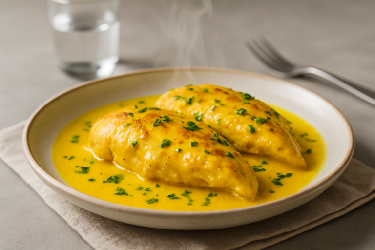 Petto di pollo allo zafferano con crema dorata e prezzemolo fresco, piatto cremoso e invitante