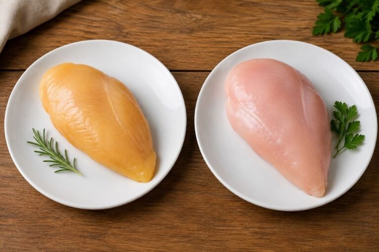 primo piano di pollo con pelle bianca e pollo con pelle gialla freschi e pronti per la cucina