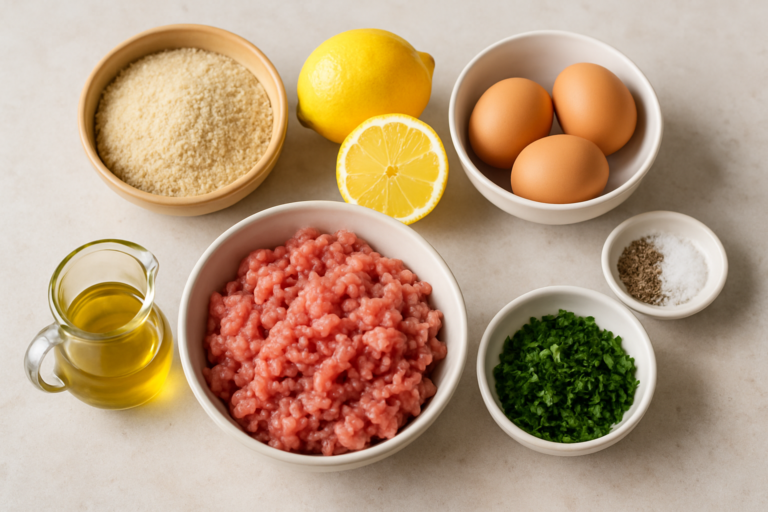 piatto di polpette al limone servite con insalata mista fresca e fette di limone