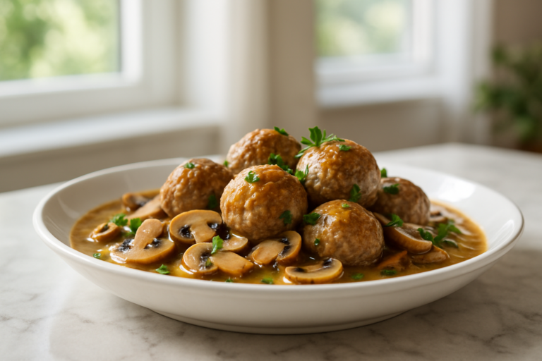 Polpette morbide in salsa cremosa di funghi champignon servite in un piatto rustico su tavola di legno.