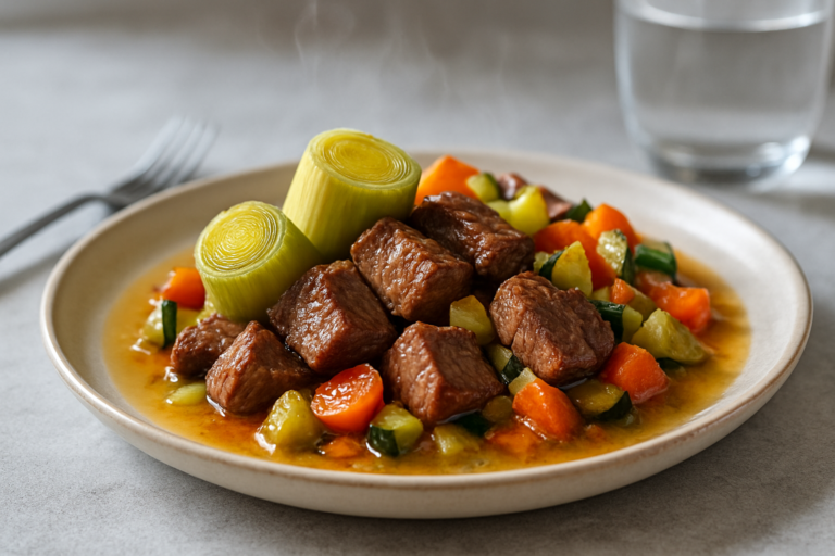 Porri carne macinata e verdure in un tegame con salsa di pomodoro, pronto per la cena estiva
