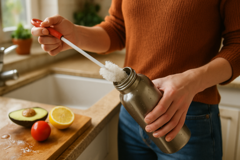 Borraccia trasparente pulita con spazzolino per borracce, simbolo di protezione dai germi nell’acqua