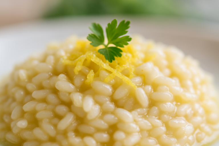 Risotto al limone cremoso con scorza di limone grattugiata e erbe fresche, perfetto per l’estate