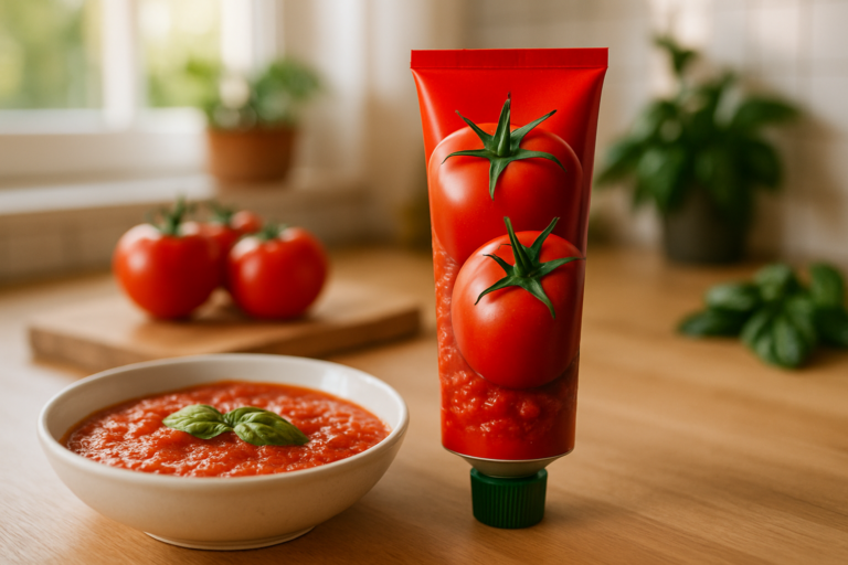 Ciotola di salsa di pomodoro densa con aglio e olio extravergine d'oliva visibili nella preparazione, salsa di pomodoro non usare zucchero