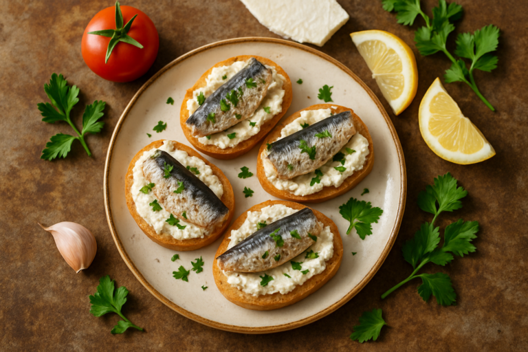 Crema di sardine con formaggio fresco spalmata su pane tostato, pronta per l’aperitivo estivo
