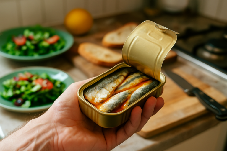 Una confezione aperta di sardine meno costose in scatola conservate al naturale, pronta per un pasto sano e veloce