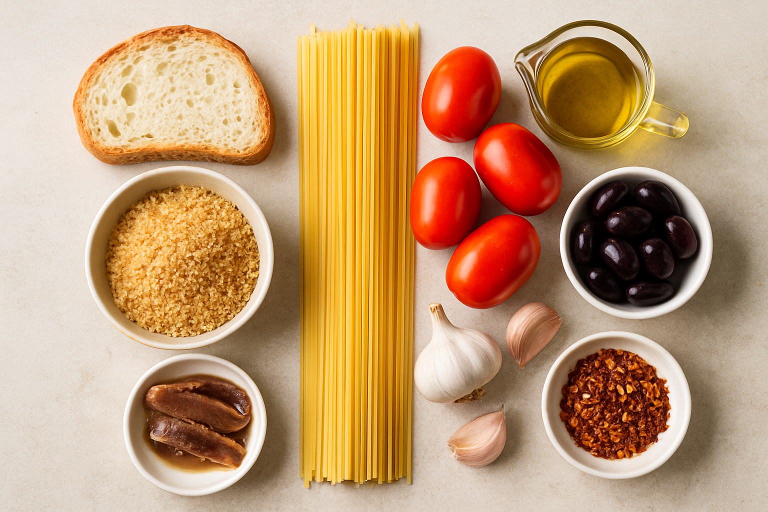 piatto di spaghetti alla San Gennaro con mollica croccante e alici, tipica ricetta napoletana