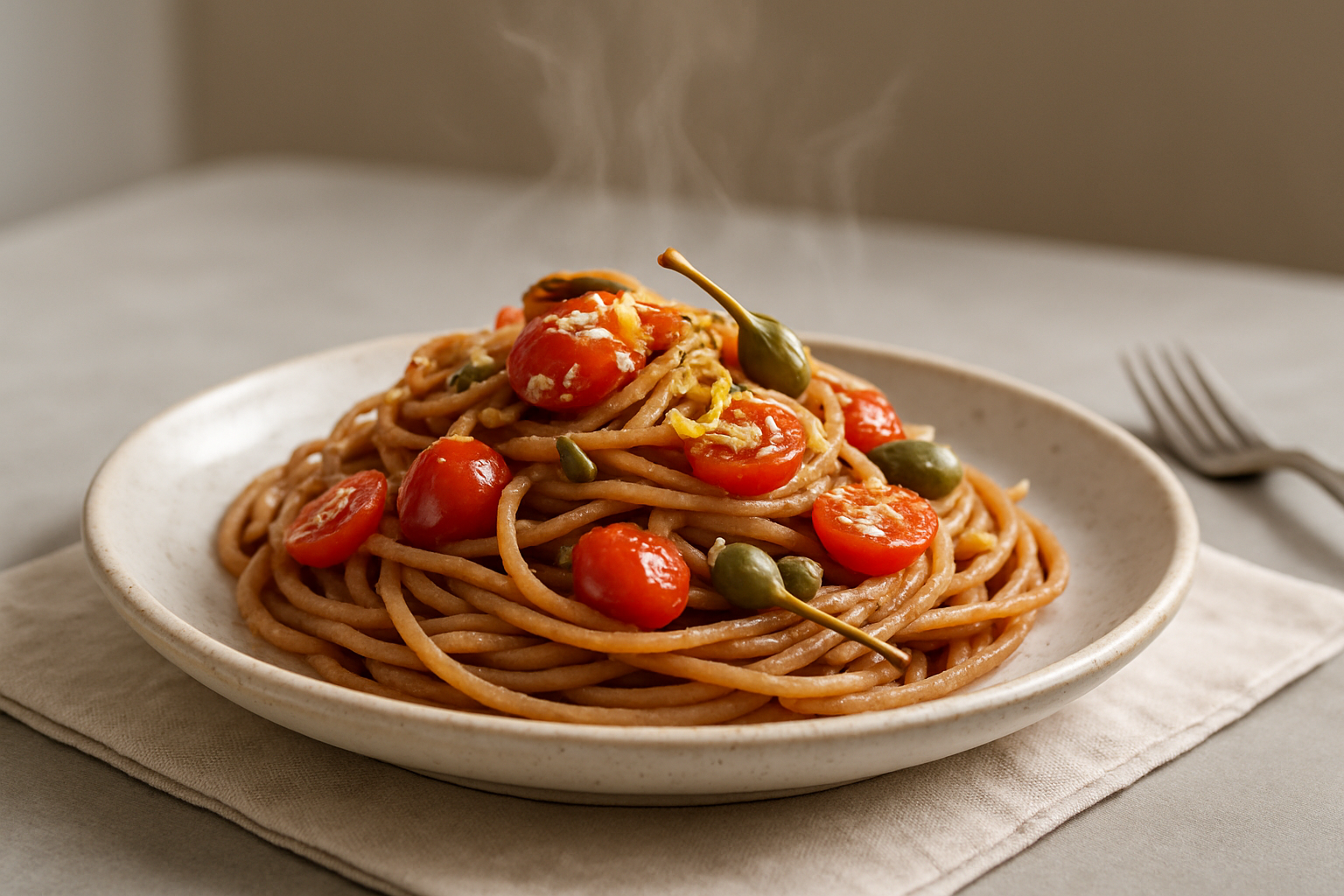 Spaghetti integrali con pomodorini freschi, cucunci, scorza di limone e origano, un piatto mediterraneo colorato e aromatico