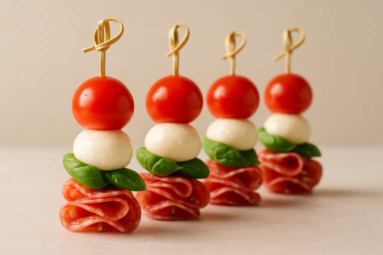 Spiedini finger food per buffet estivi colorati con formaggi, frutta e salumi presentati su un vassoio rustico estivo