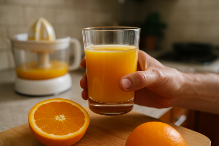 Bicchiere di succo d’arancia fresco con fetta d’arancia e zucchero concentrato nel succo