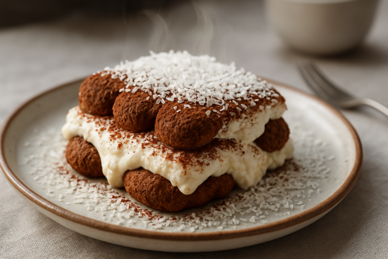 Tiramisù al cocco con pavesini al cacao in una coppetta trasparente, decorato con cocco grattugiato