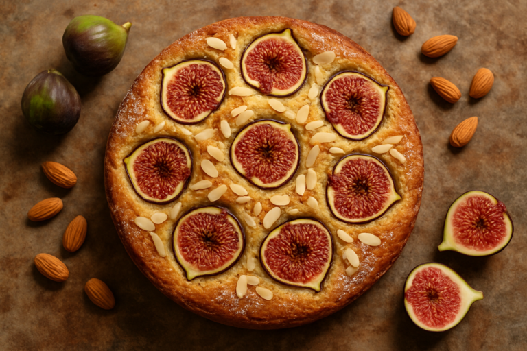 Fetta di torta ai fichi e mandorle soffice e dorata con fichi freschi a pezzi sullo sfondo