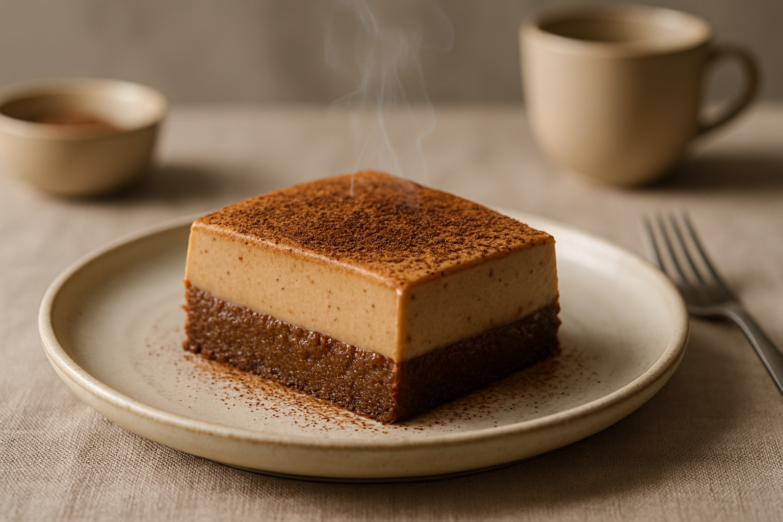 fetta di torta budino al cappuccino con base di cioccolato, crema al caffè e mascarpone spolverata di cacao