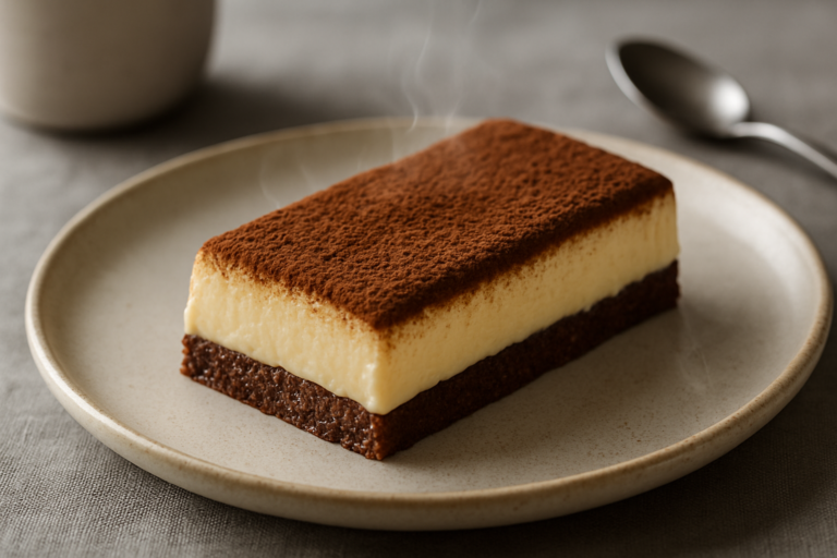 fetta di torta lingotto senza cottura con biscotti, crema pasticcera e gocce di cioccolato su piatto bianco