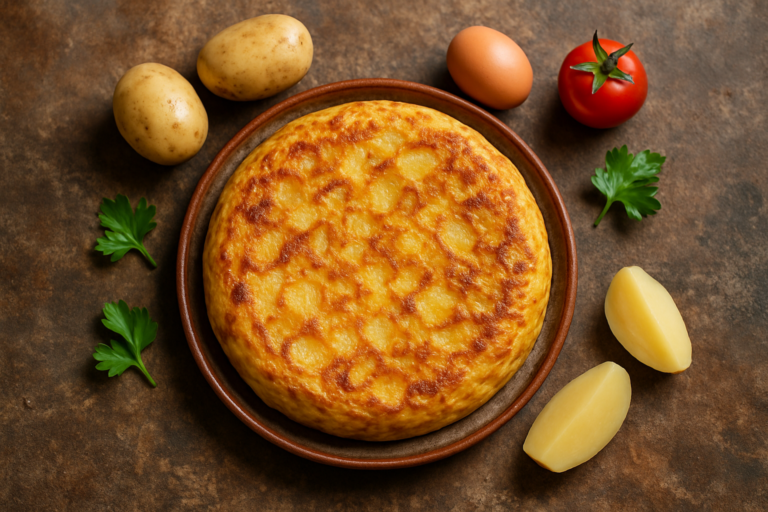 Tortilla di patate morbida e dorata con patate mescolate in padella, vista dall’alto con erbe fresche