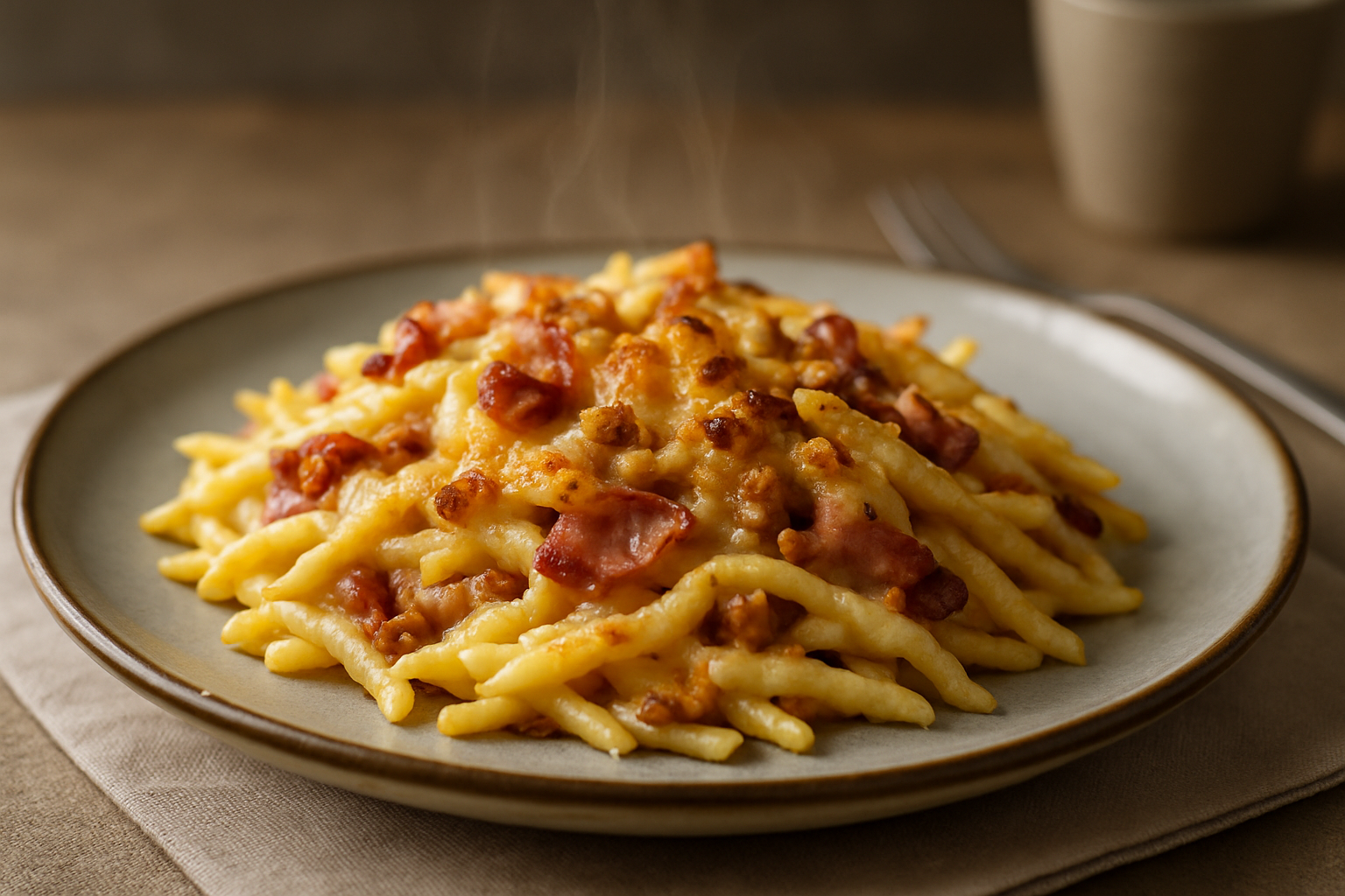 Teglia di trofie al forno con speck e noci croccanti appena sfornata, con superficie gratinata dorata