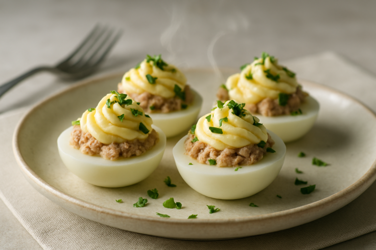 uova ripiene di tonno con maionese al limone ben presentate su un piatto bianco con decorazione di prezzemolo fresco