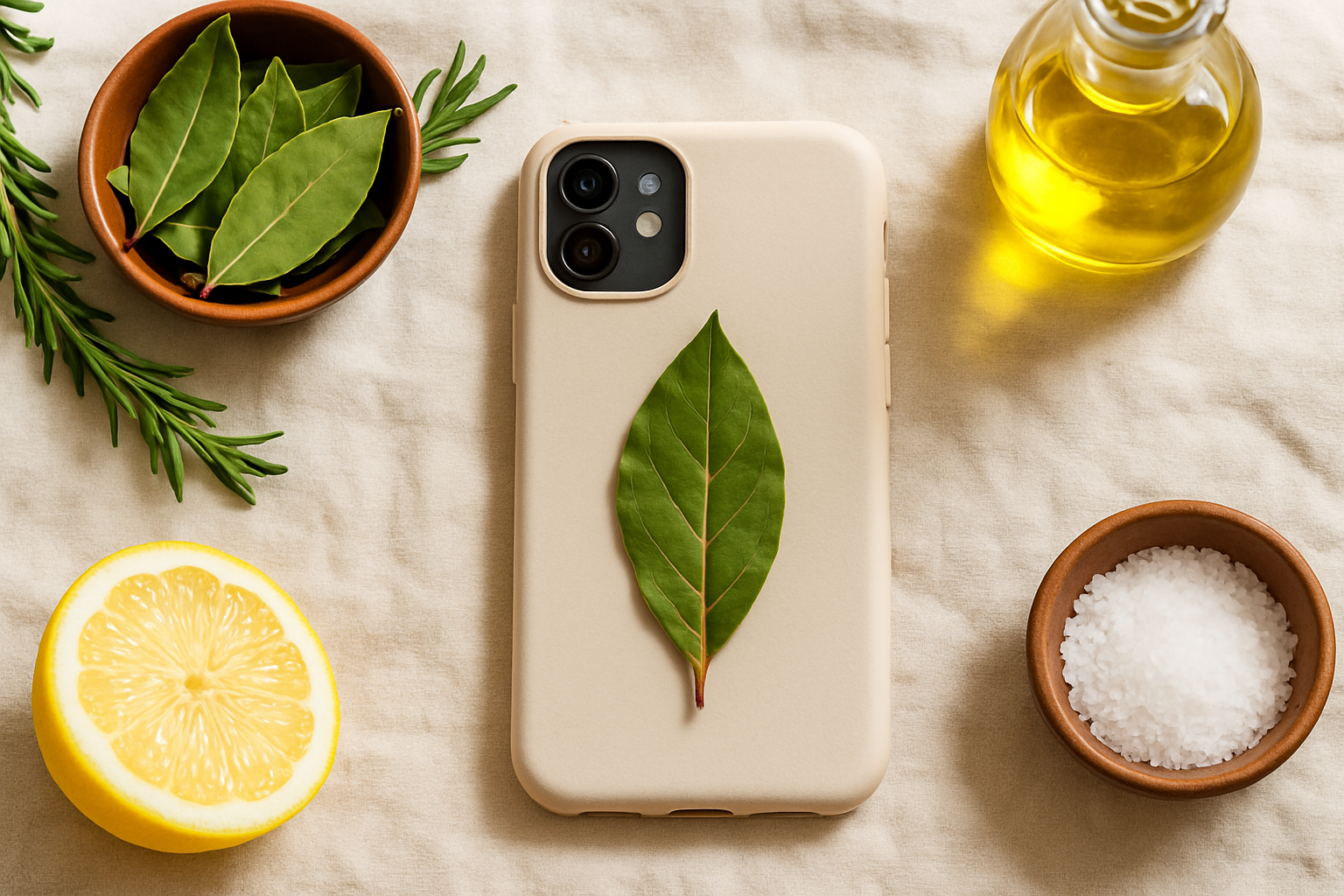 Custodia per cellulare con una foglia di alloro inserita per un rimedio naturale e semplice da provare