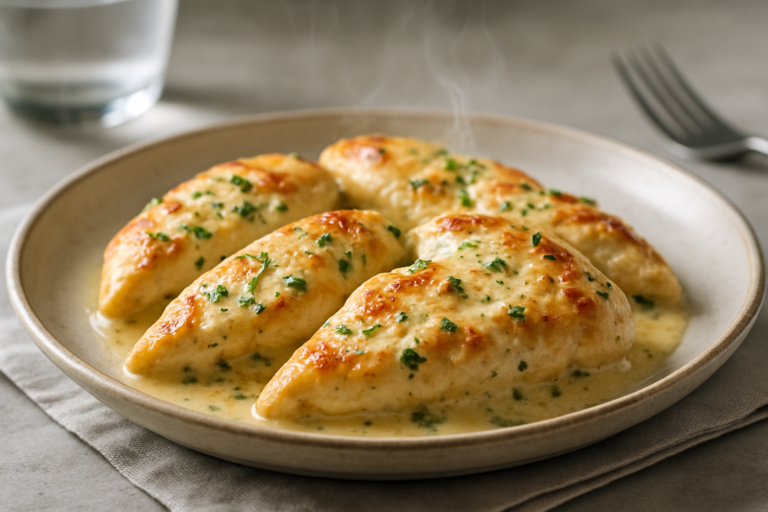 petto di pollo in padella con panna fresca e salsa cremosa, pronto da servire