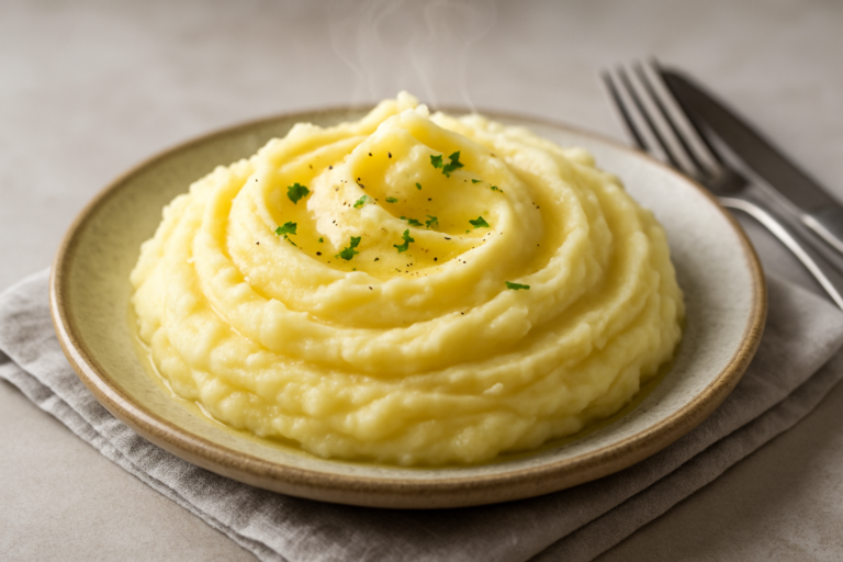 purè di patate cremoso servito in una ciotola bianca, morbido e vellutato