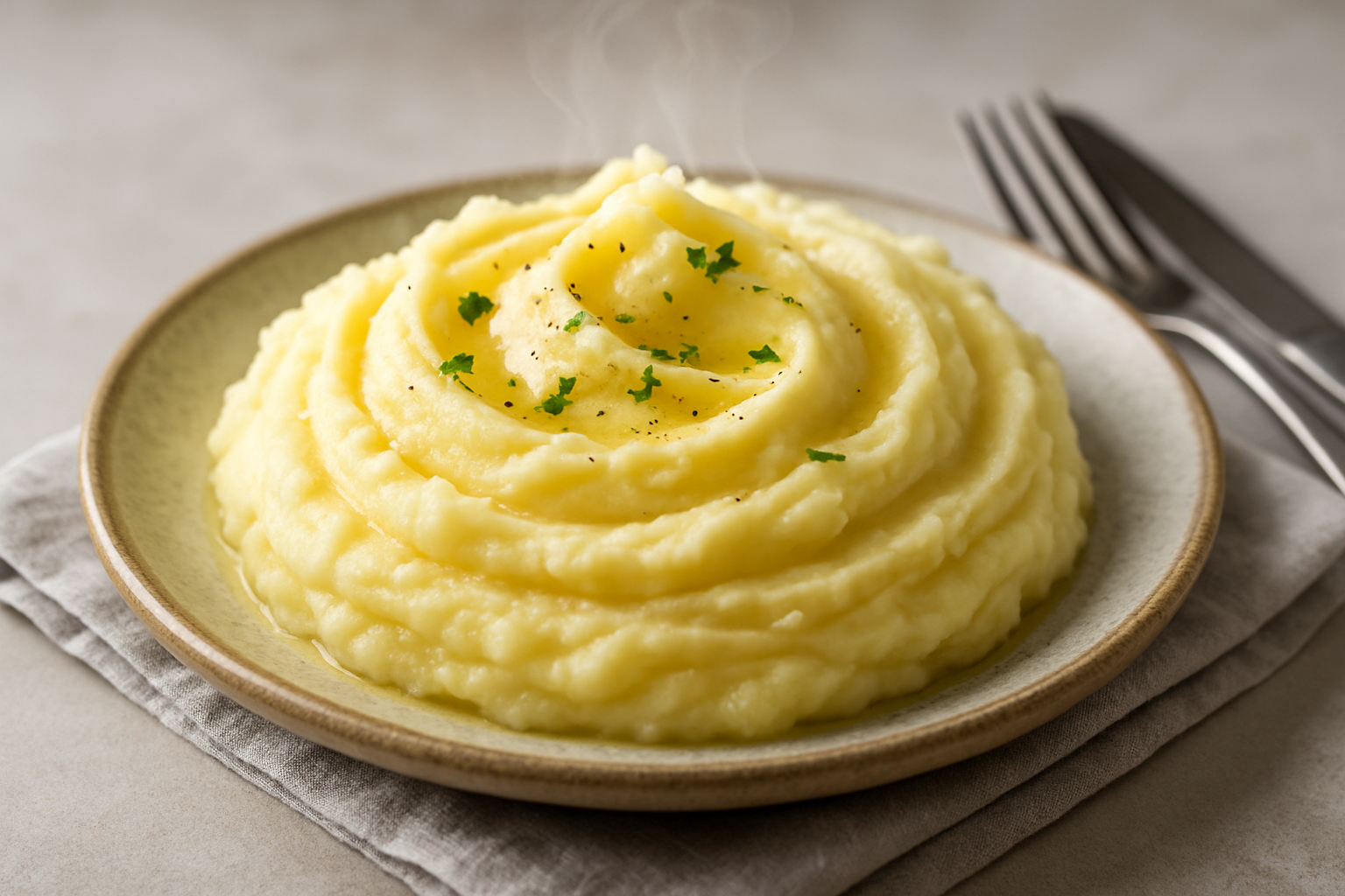 purè di patate cremoso servito in una ciotola bianca, morbido e vellutato