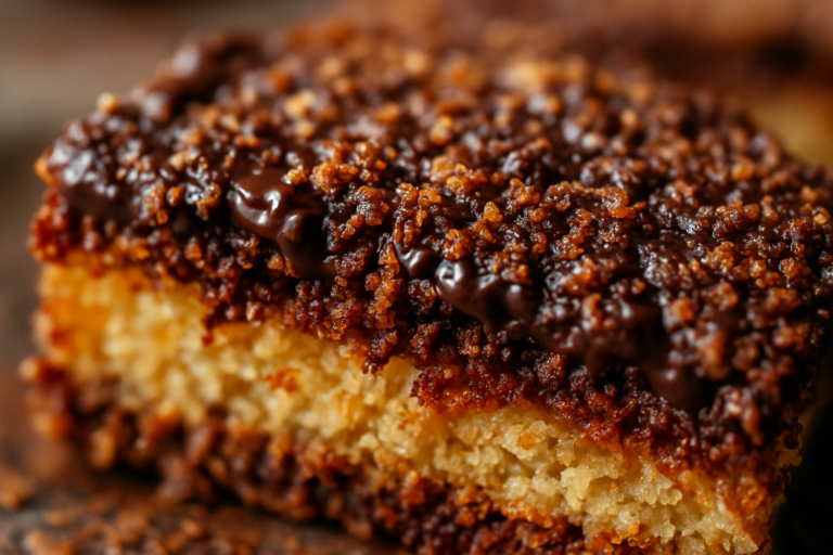 Torta del caos con crosta croccante di cioccolato e cocco servita su piatto bianco con caffè sullo sfondo