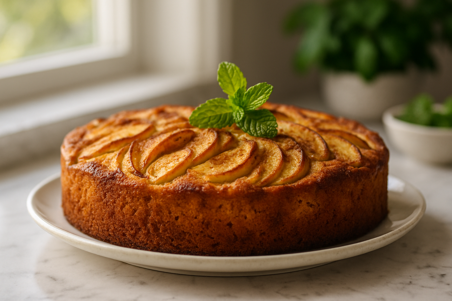 una fetta di torta di mele con cannella della nonna, con mele succose e leggero strato di cannella, servita su un piatto bianco